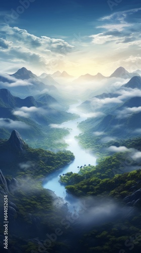 A painting of a river surrounded by mountains