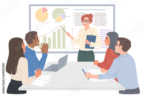 Business concept woman showing a presentation on a whiteboard. Office staff set. Vector neat flat concept. Business people. Teamwork. Corporate success.