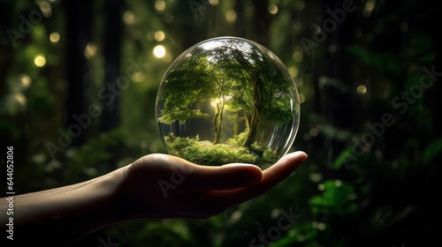 A person holding a glass ball with a forest inside of it