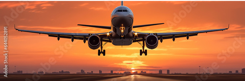 	
Commercial airplane flying above clouds at sunset. 3d render illustration