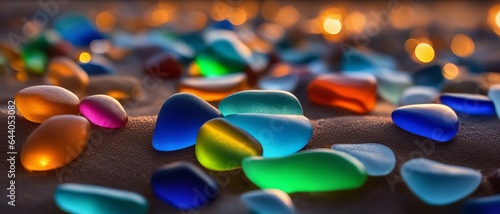 Multicolored stones of rounded shape lie on the sea sandy beach in the sunlight