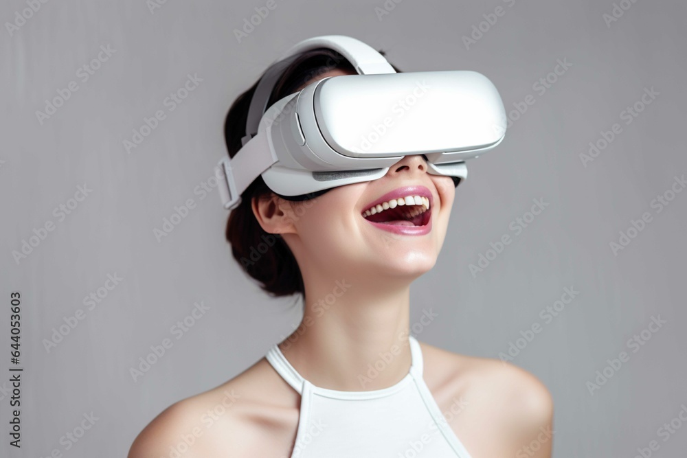 Beautiful young woman wearing virtual reality goggles Future technology concept Beautiful young woman wearing virtual reality goggles Future technology concept