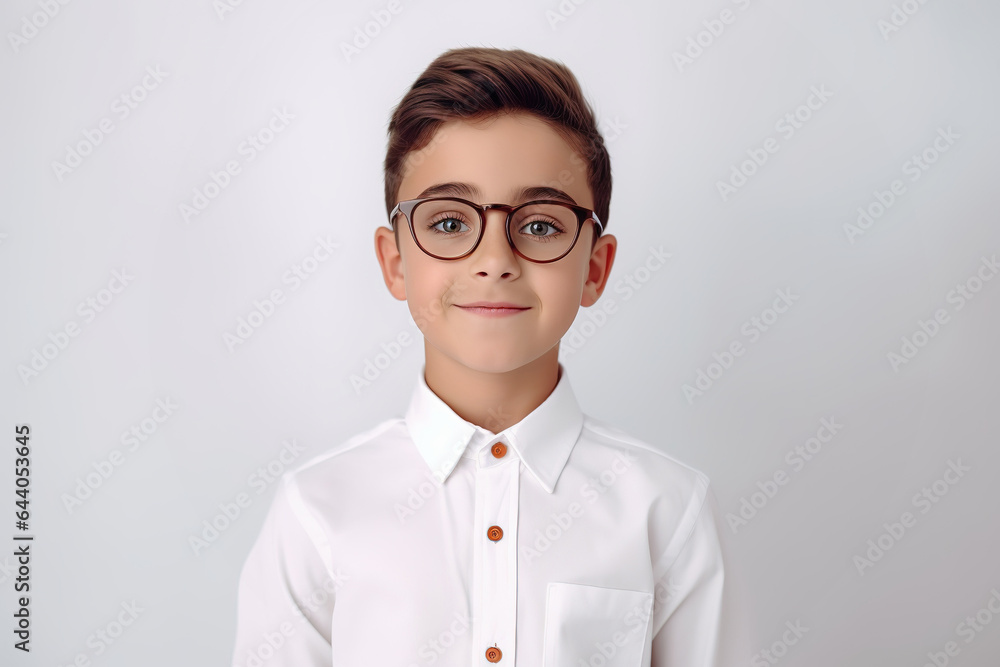 School pupil, hispanic boy in glasses on white background with copy space, back to school