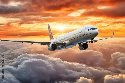  Commercial airplane flying above clouds at sunset