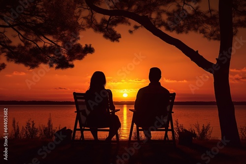 Romantic couple sitting together and enjoying sunset near the sea. Honeymoon. Generative AI