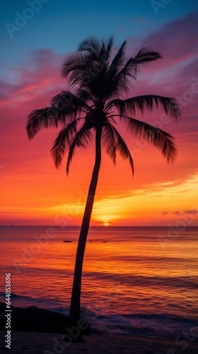 A palm tree on the beach at sunset