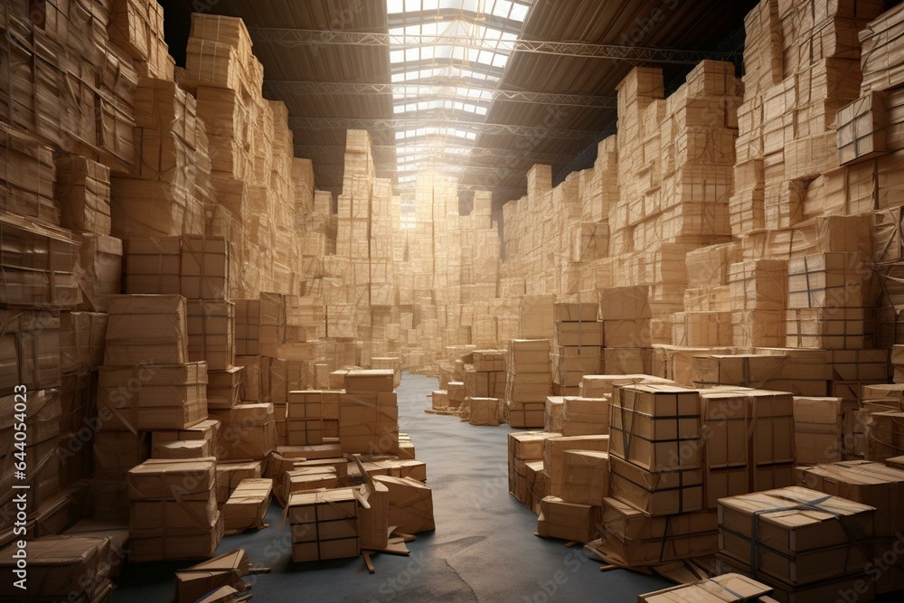 Giant refrigerated warehouse storing cardboard boxes on pallets