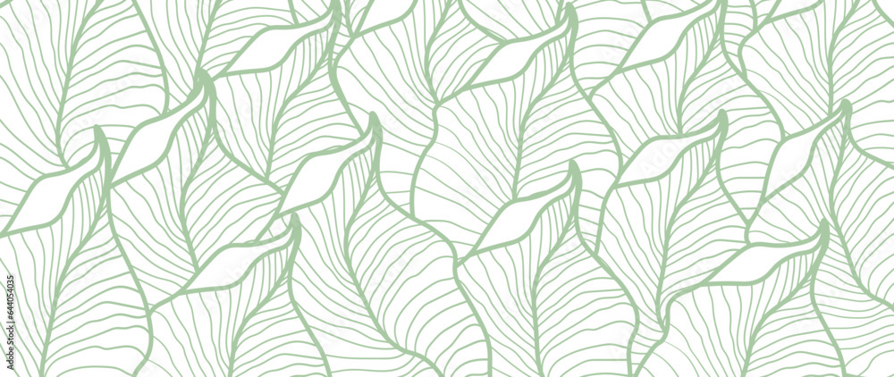 Tropical green leaves wallpaper background, Luxury botanical nature design, golden leaf lines, Hand drawn outline fabric, print, cover, banner and invitation, fabric.
