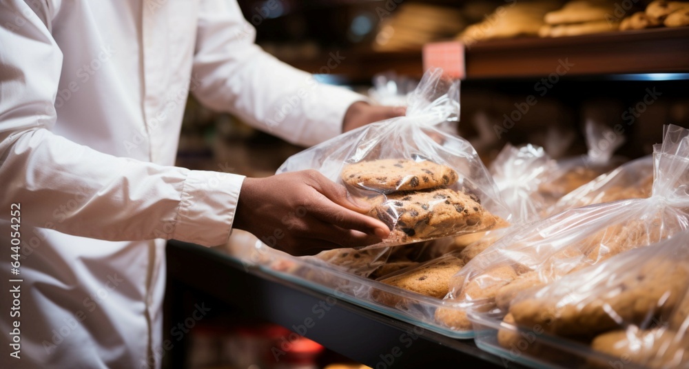 Close up of a man carefully placing cookies into a plastic grocery bag