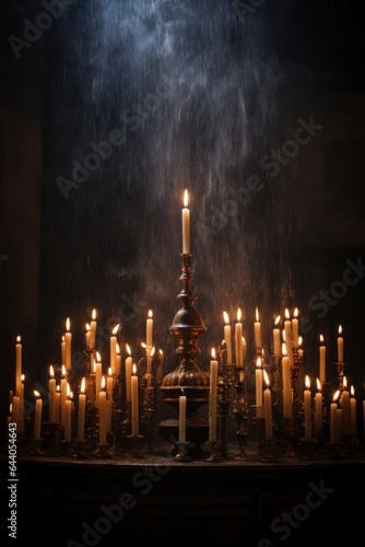 All Saints' Memorial Day. biblical holiday. church candles on a stand. dark background