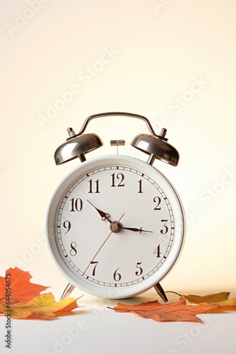 Traditional alarm clock on a background of orange and yellow maple leaves, the concept of the end of summer time, a return to fall. white background