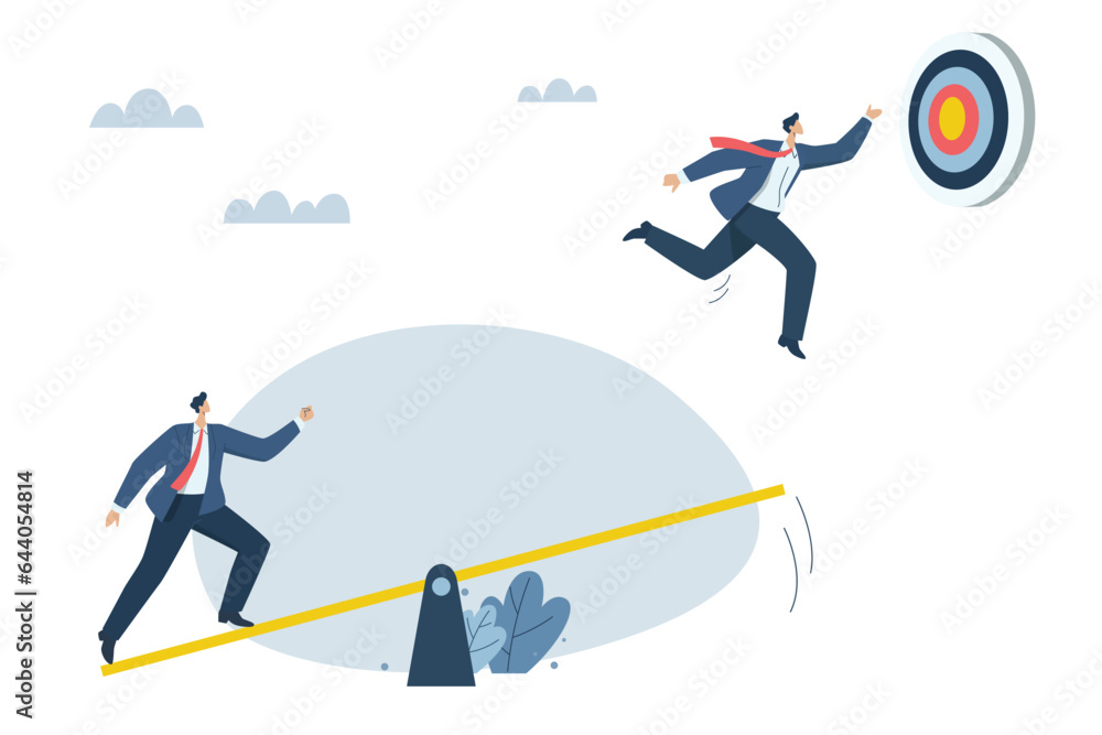 Effective teamwork, Businessman helping employee to reach ultimate goal, Promoting and growing in business, Businessman jumping from springboard to success goal. Vector design illustration. Effective teamwork, Businessman helping employee to reach ultimate goal, Promoting and growing in business, Businessman jumping from springboard to success goal. Vector design illustration.
