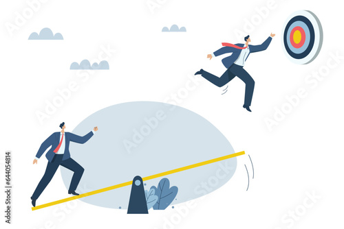 Effective teamwork, Businessman helping employee to reach ultimate goal, Promoting and growing in business, Businessman jumping from springboard to success goal. Vector design illustration.