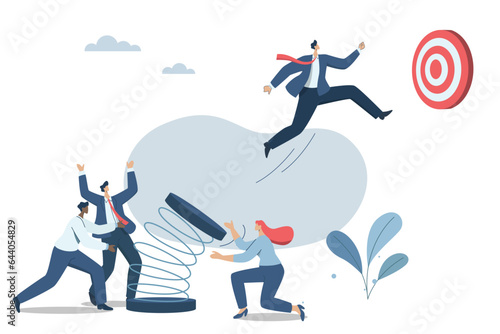 Effective teamwork, Teams helping employee to reach ultimate goal, Promoting and growing in business, Businessman jumping from springboard to success goal. Vector design illustration.