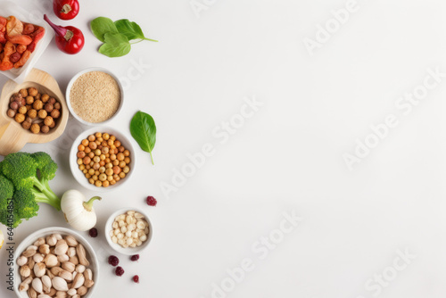 Products and spices for vegan dishes . free space. white background. top view. World Vegan Day.