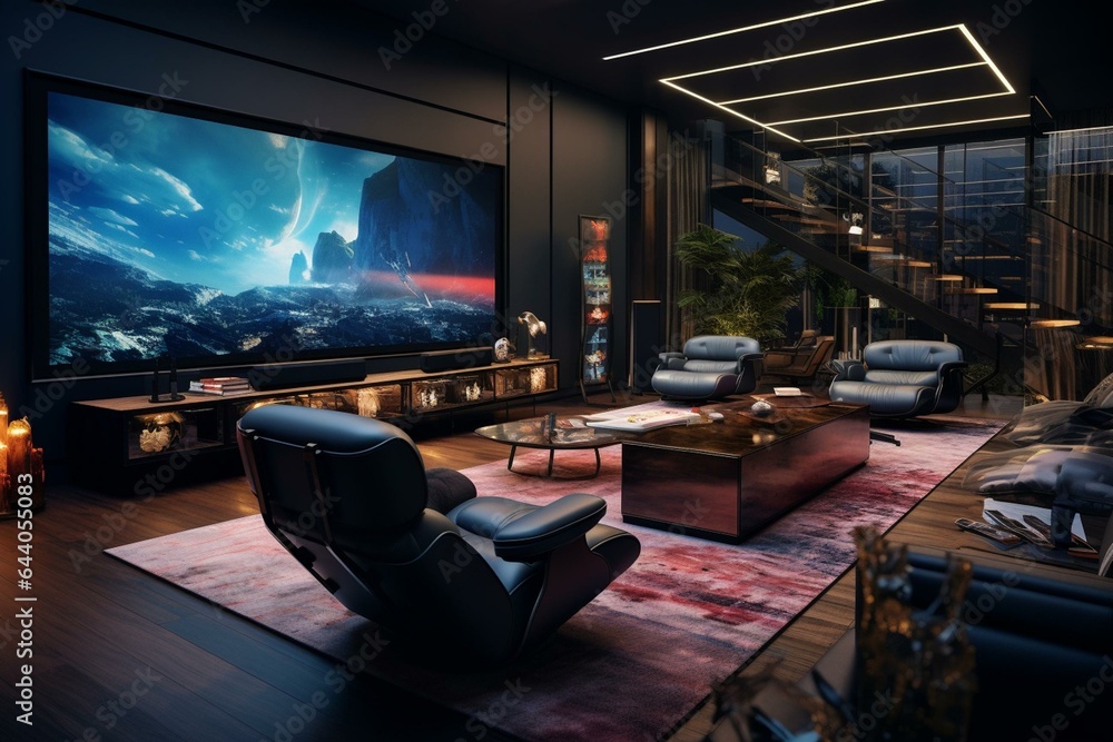 Modern entertainment space with widescreen TV and sleek gaming seats. Generative AI