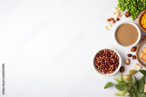 Products and spices for vegan dishes . free space. white background. top view. World Vegan Day.