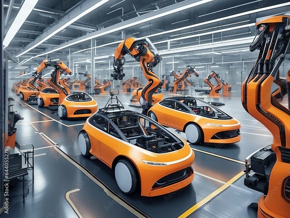 robotics futuristic electric cars factory production - obrazy, fototapety, plakaty 