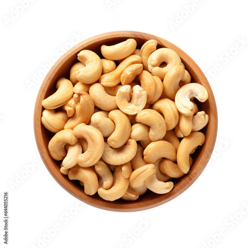 cashew nuts in a wooden bowl isolated on a white background, PNG