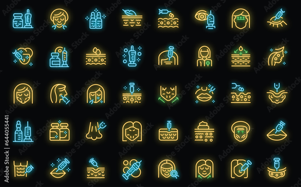 Botox icons set outline vector. Skin injection. Woman health neon color on black Botox icons set outline vector. Skin injection. Woman health neon color on black