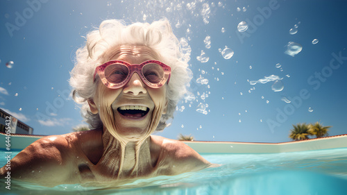 Happy, fit and healthy old lady in the swimming pool