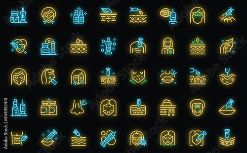Botox icons set outline vector. Skin injection. Woman health neon color on black