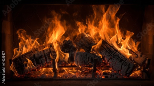 A fire burning in a fireplace with lots of flames