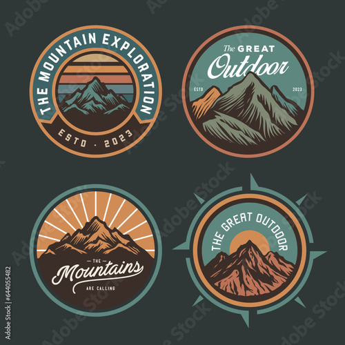 set collection of adventure badge design. Mountains set labels. Mountaineering, climbing, hiking vector illustration. Camping emblem logo with mountain in retro hipster style.