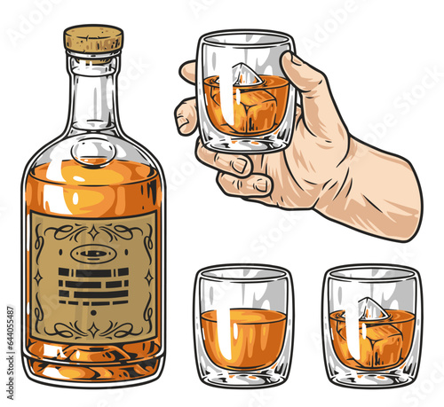 Bourbon alcohol set emblems colorful