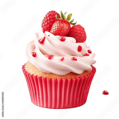 cupcake with cream and strawberry isolated on a white background, PNG