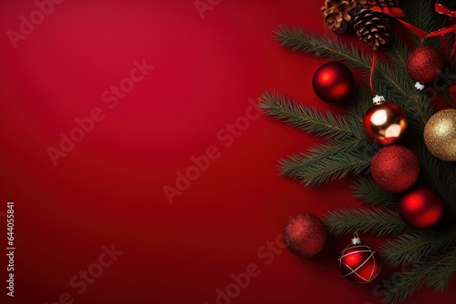 Christmas Decoration With Fir Branches and baubles On a red background with copy space