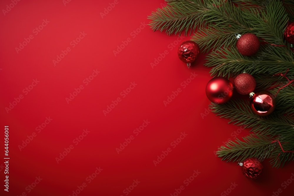 Christmas Decoration With Fir Branches and baubles On a red background with copy space