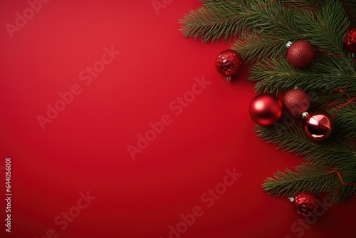Christmas Decoration With Fir Branches and baubles On a red background with copy space