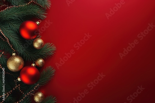 Christmas Decoration With Fir Branches and baubles On a red background with copy space