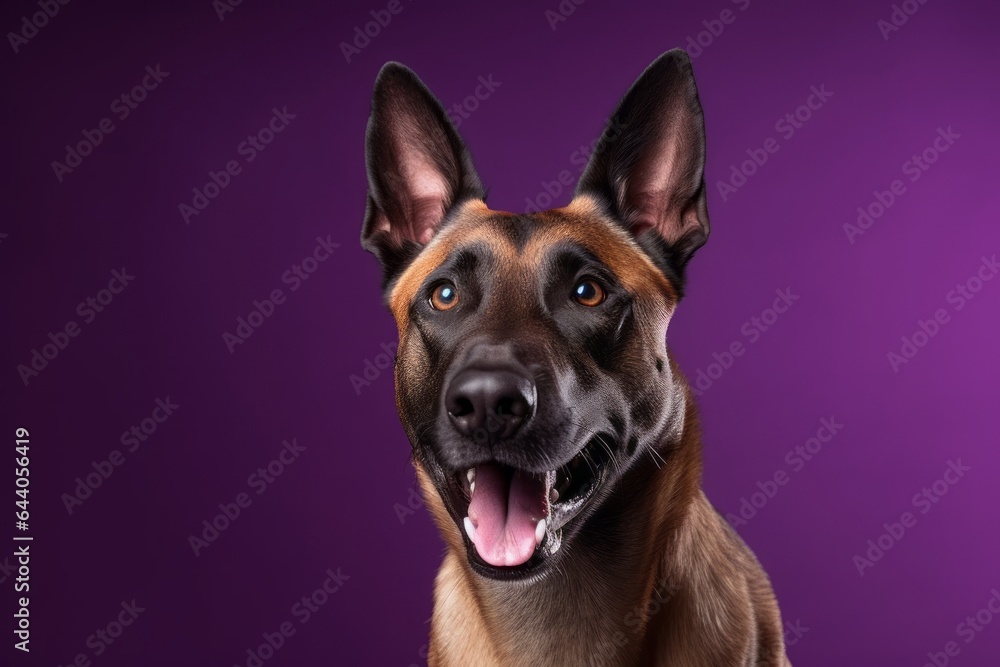Headshot portrait photography of a happy belgian malinois dog wearing a sports jersey against a deep purple background. With generative AI technology