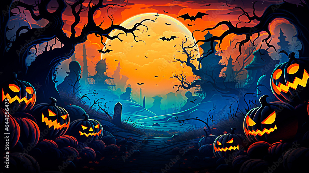 Halloween background with pumpkins, bats and graveyard. fantasy night illustration. Selective focus.  