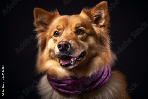 Lifestyle portrait photography of a funny finnish spitz wearing a cooling bandana against a deep purple background. With generative AI technology