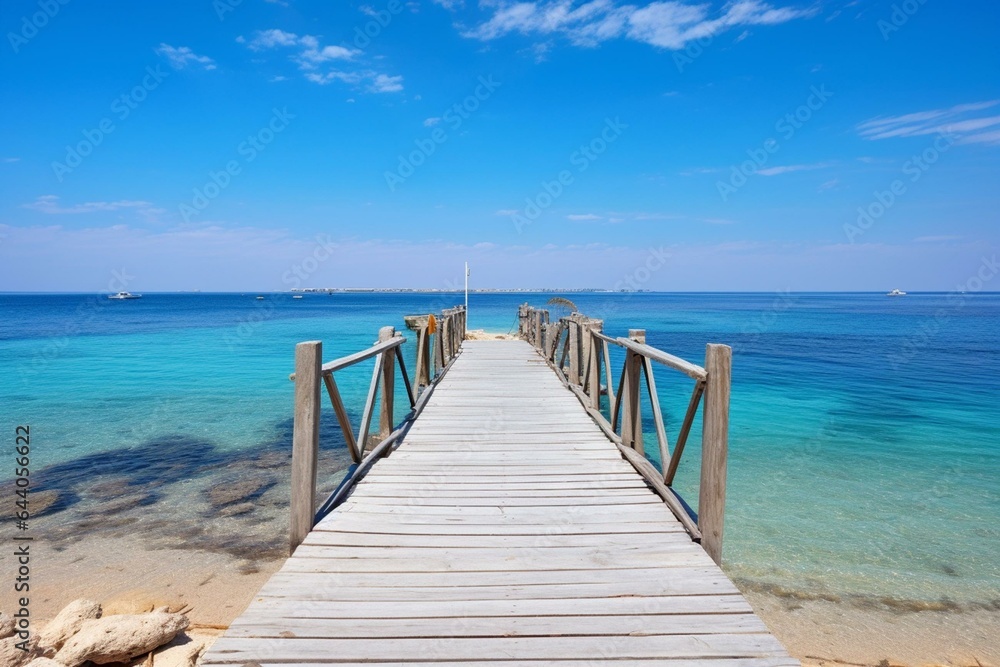 Wooden pier, orange bay beach, clear water, white beach, paradise coastline, giftun island, mahmya, hurghada, red sea, egypt. Generative AI
