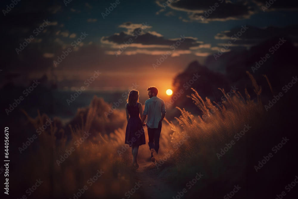 Dramatic Image of Romantic Couple Man and Woman Walking in Nature, created with Generative AI technology