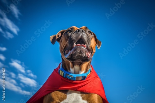 Lifestyle portrait photography of a smiling boxer dog wearing a superhero costume against a sky-blue background. With generative AI technology