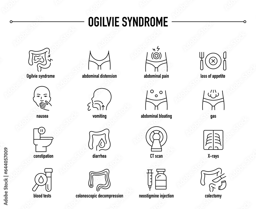 Ogilvie Syndrome symptoms, diagnostic and treatment vector icons. Line editable medical icons