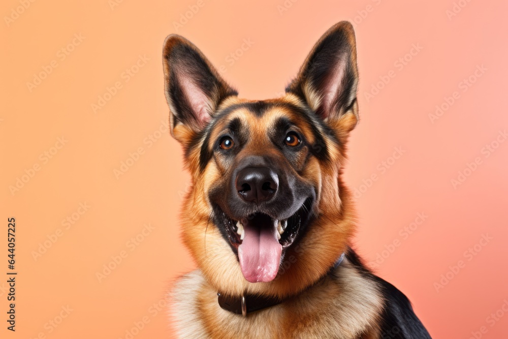 Headshot portrait photography of a smiling german shepherd wearing a spiked collar against a pastel orange background. With generative AI technology