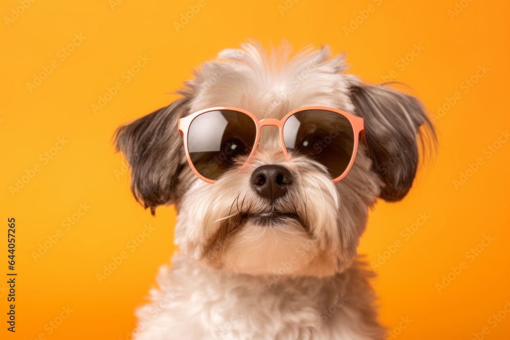 Lifestyle portrait photography of a funny havanese dog wearing a trendy sunglasses against a pastel orange background. With generative AI technology