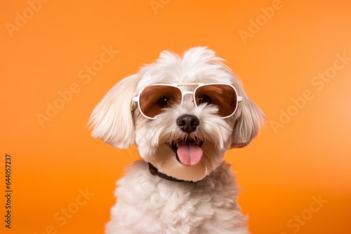 Lifestyle portrait photography of a funny havanese dog wearing a trendy sunglasses against a pastel orange background. With generative AI technology © Markus Schröder