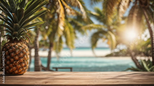 Empty Wooden Table with Pineapple on Blurred Tropical Background - Summer Vibes