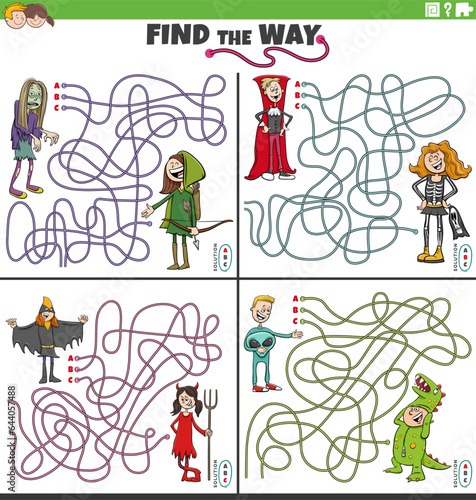 find the way maze games set with cartoon children at costume party