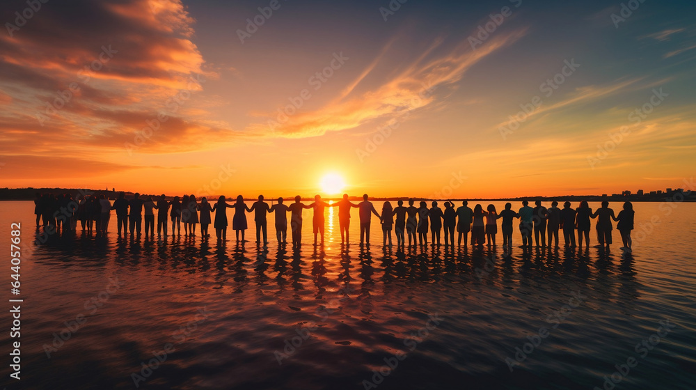 an awe-inspiring photo of a group of diverse people joining hands and forming a human chain against a backdrop of a beautiful sunset, representing unity, support, and the power of collective hope