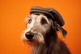 Photography in the style of pensive portraiture of a happy scottish deerhound wearing a winter hat against a pastel orange background. With generative AI technology