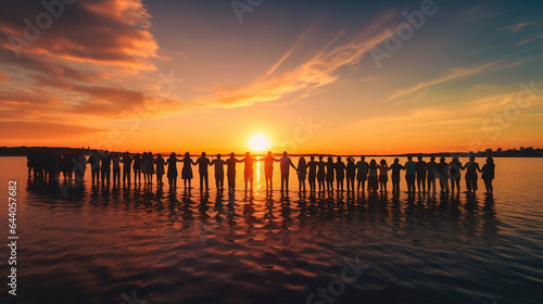 an awe-inspiring photo of a group of diverse people joining hands and forming a human chain against a backdrop of a beautiful sunset, representing unity, support, and the power of collective hope