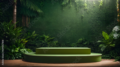 Green Podium with Tropical Leaves Green Background - Natural Elegance